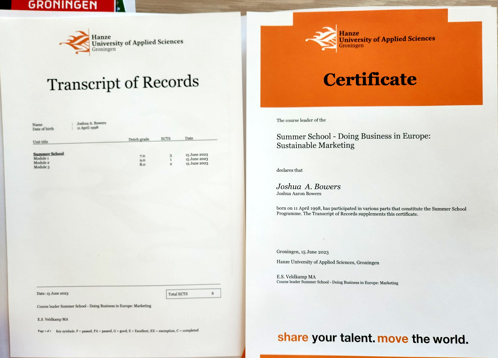 Photo of both my certificate of completion and transcript showing 6 European Credits